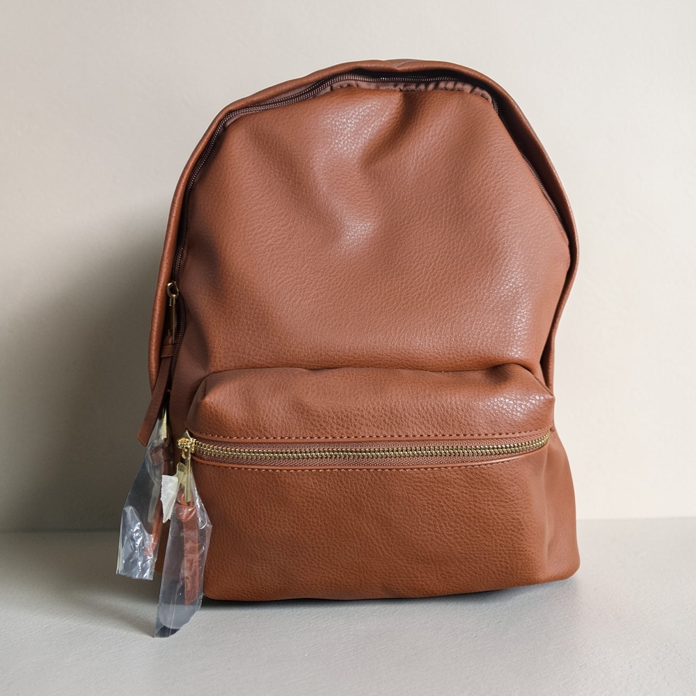 NWT New Justfab Large Dome Faux Leather Backpack Light Brown Gold Accents